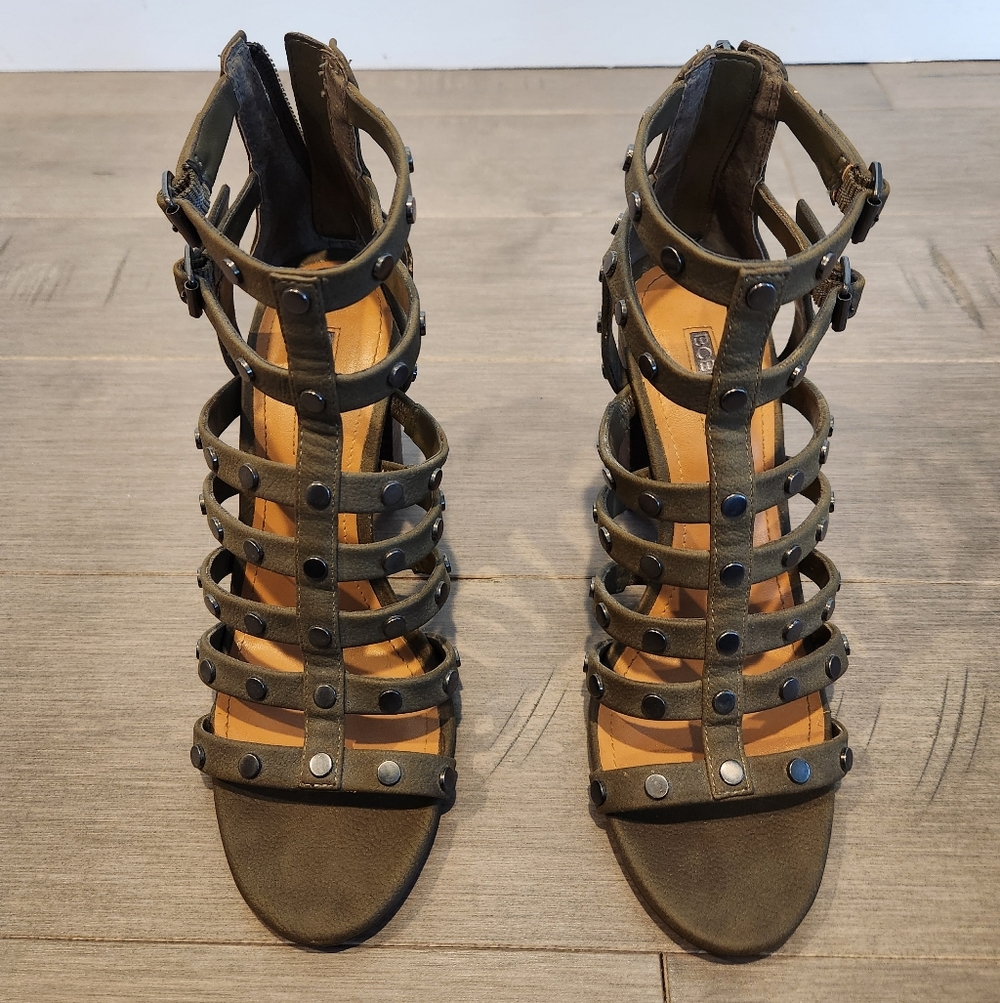 BCBGeneration Chasta Studded Olive Green Caged Heeled Sandals